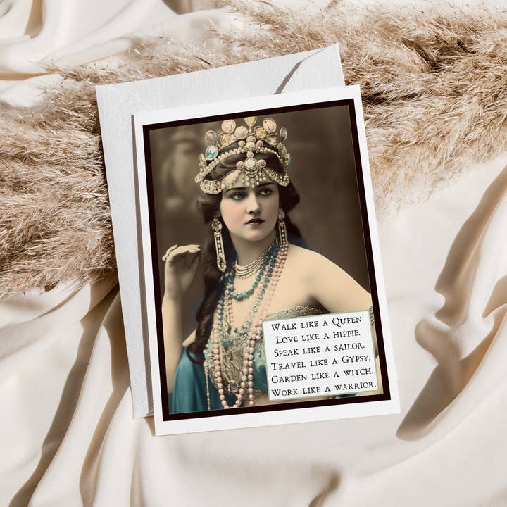 Raven's Rest Studio – wholesale Everyday greeting card – Card. Walk Like a Queen. Love Like a Hippie...