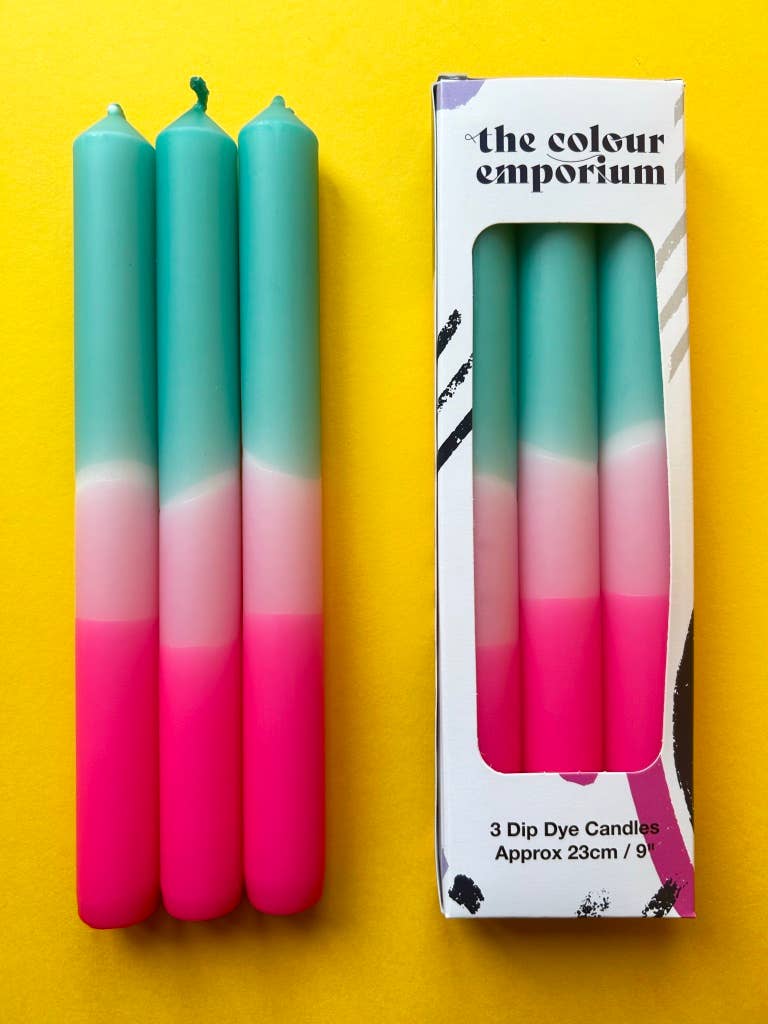 The Colour Emporium – wholesale Tapered candle/candlestick – TURQUOISE FLAMINGO Dip Dye Dinner Candle Trio4