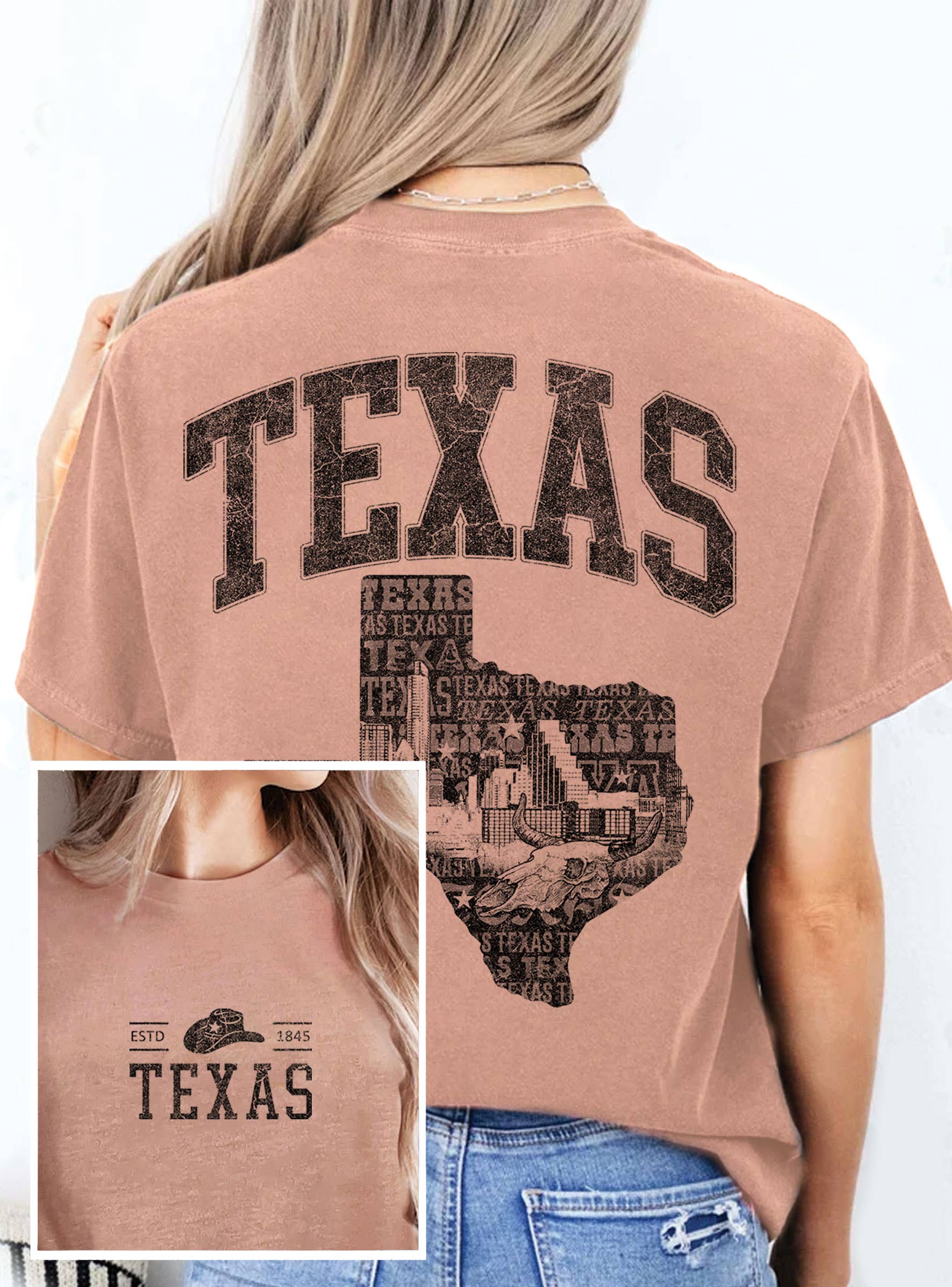 Rustee Clothing – Großhandel T-Shirt mit Siebdruck – Unisex – TEXAS STATE GRAFIK-T-SHIRTS VORNE UND HINTEN5