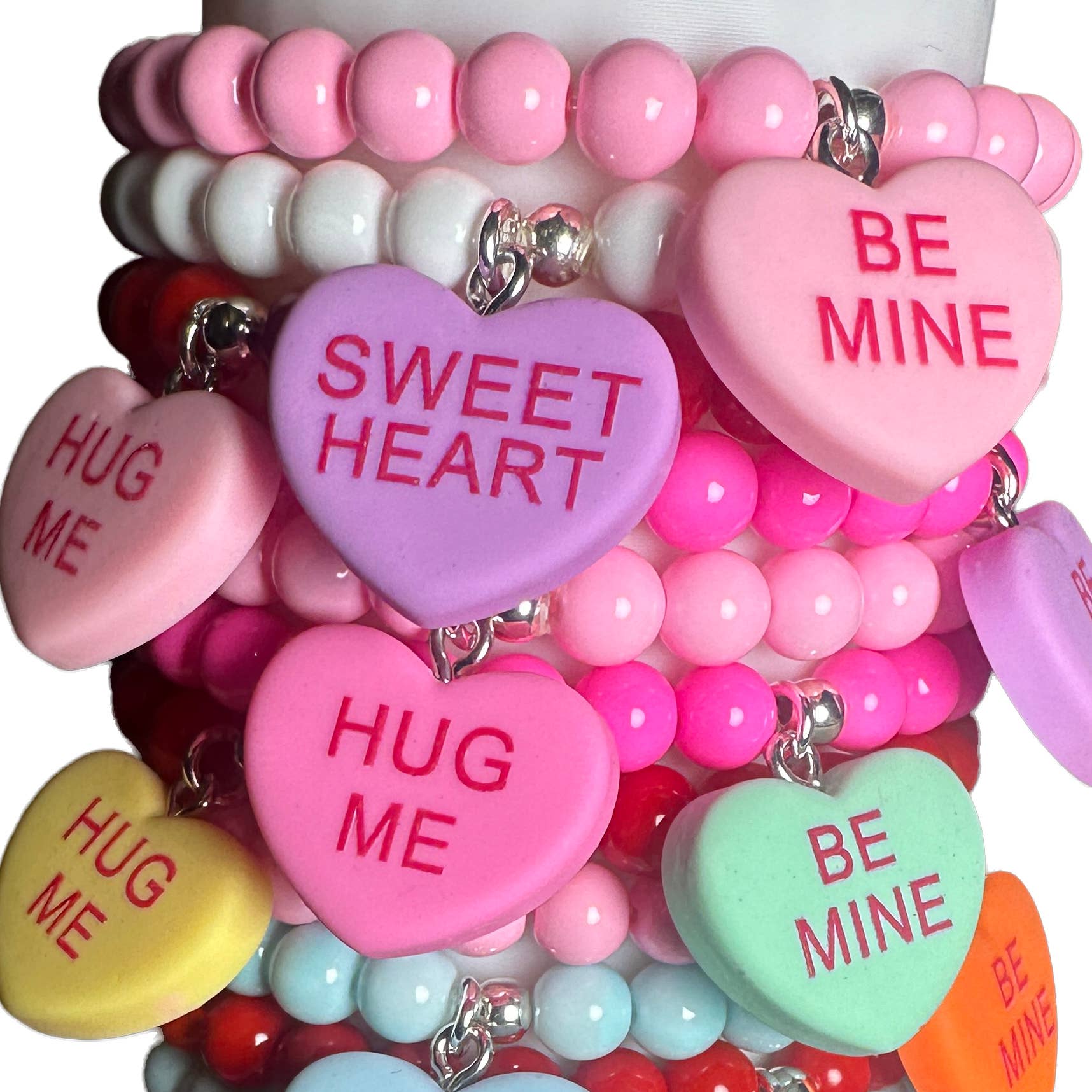 Stratus - Wholesale Beaded Bracelet - Kids - Valentine Conversation Candy Heart Charm Bracelet Stack1