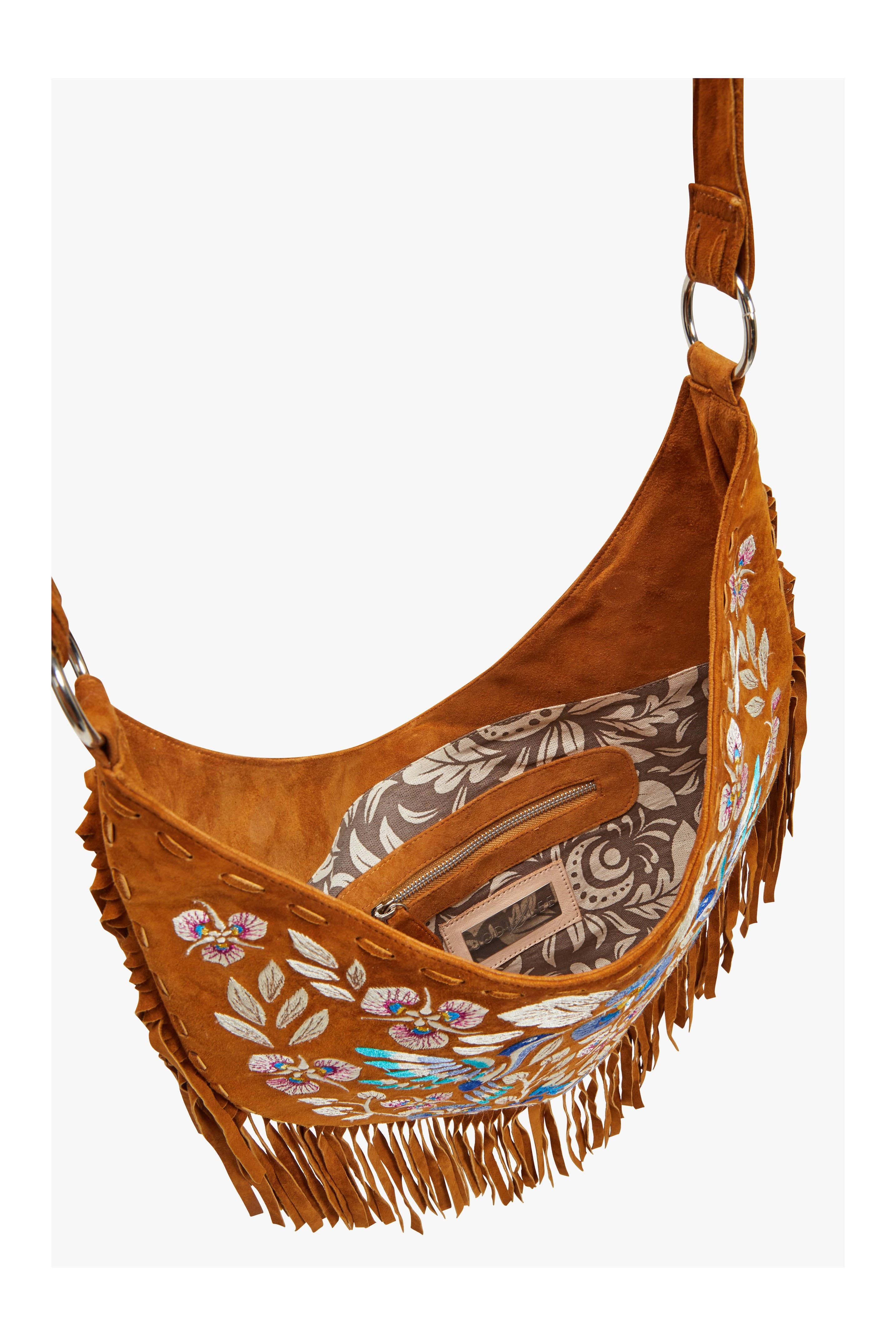 Tan scuro Borsa Georgina con ricami a frange in camoscio scuro tan in vendita all'ingrosso su Faire3