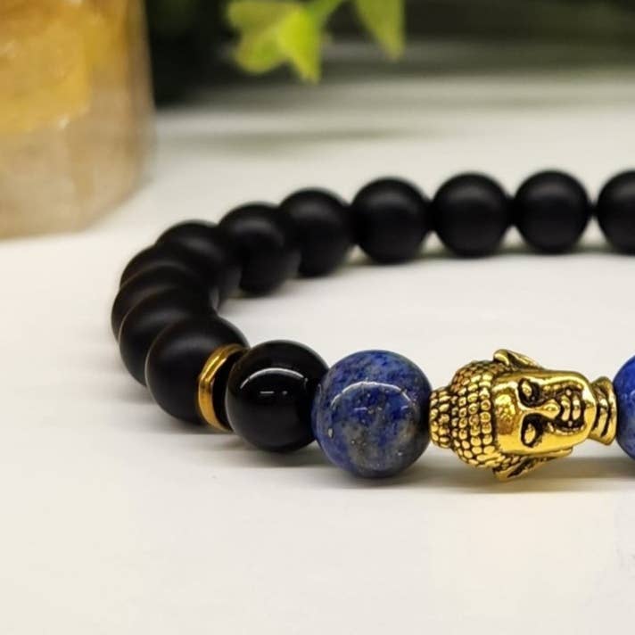 Meraki Gemstones – Engroshandel Perlearmbånd – Buddha perle med Lapis & sort Obsidian-mat armbånd 8mm