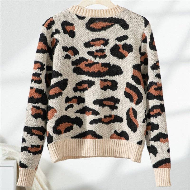 KHAKI Round Neck Color Block Leopard Print Sweater for wholesale on Faire6