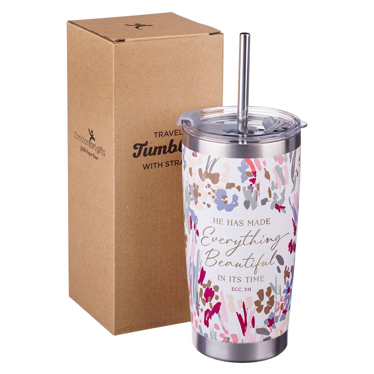 Christian Art Gifts - Wholesale Insulated Mug/Tumbler - Tumbler w/straw SS Floral Everything Beautiful Ecc. 3:112