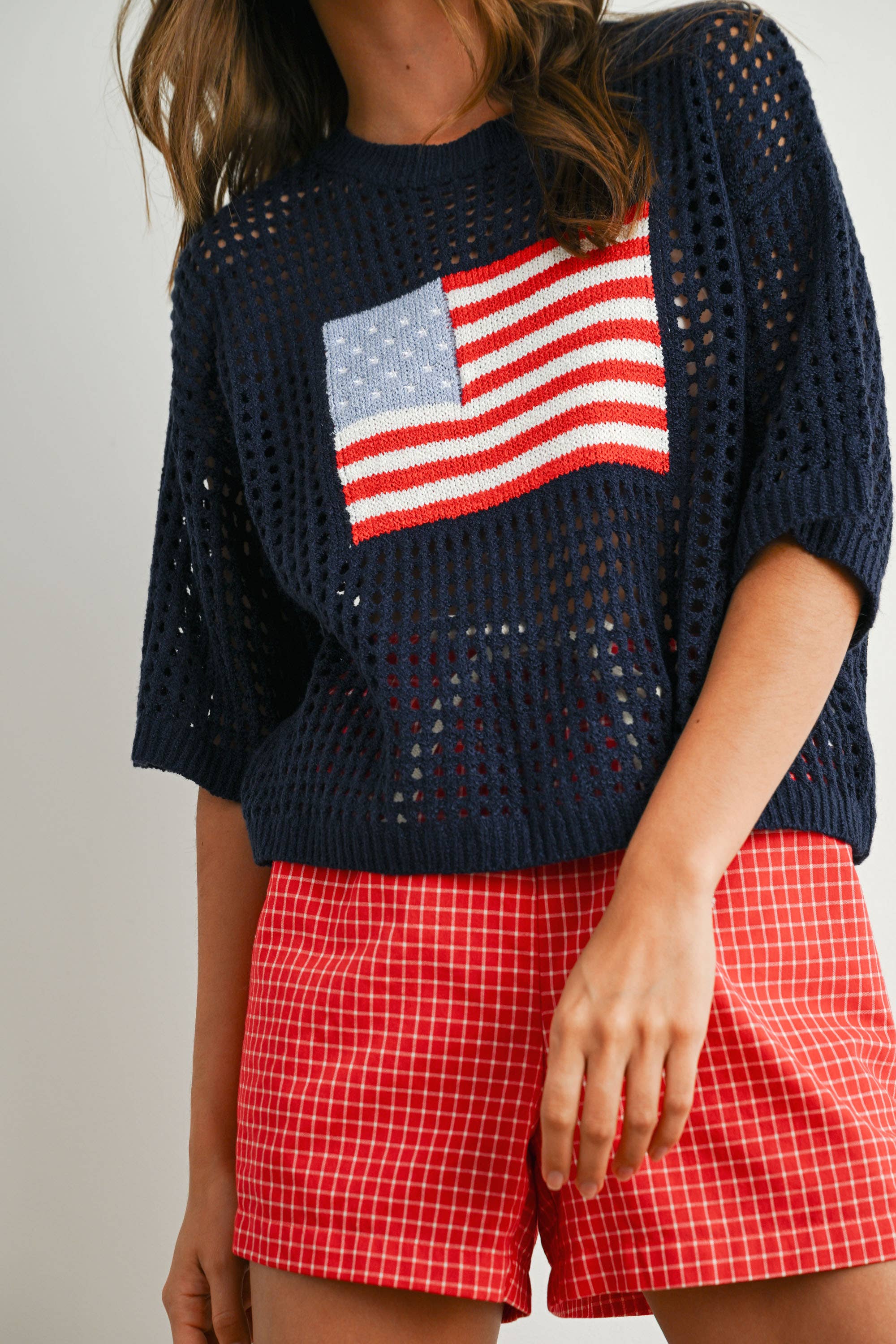 BUTTERMELON - Wholesale Knit Top - Women's - Flag Print Open Knit Crochet Sweater Top - BMW773511