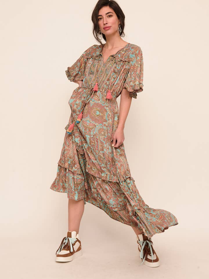 TURQUOISE WOMEN'S LONG FLORAL PRINT DRESS, RUFFLED SLEEVES for wholesale on Faire