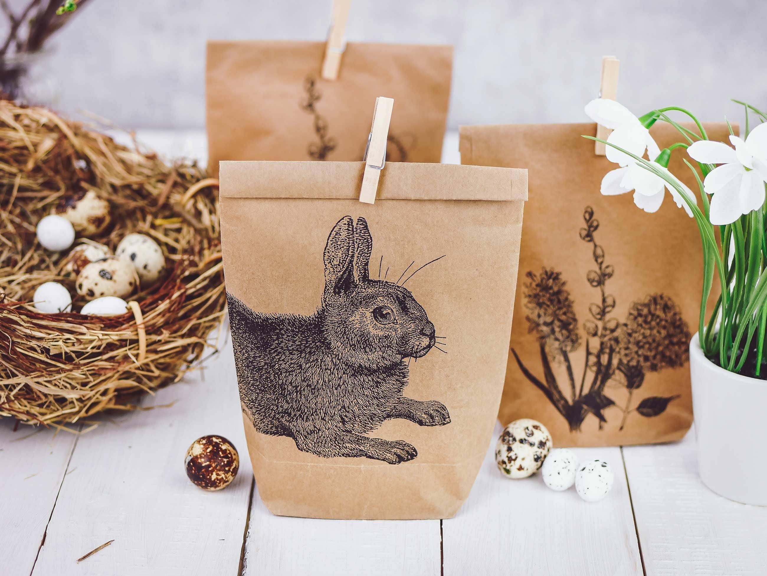 Papierdrachen - Vente Pochette cadeau - Sacs imprimés motif Pâques marron avec « Happy Easter »2