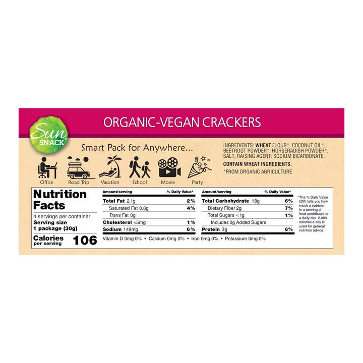 Sun Snack - Vente Biscuit salé - Craquelins à la betterave bio et végétaliens (4 x 30 g) Sachets