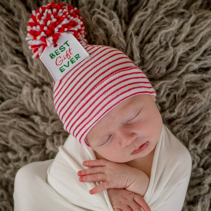 ilybean Striped BEST GIFT EVER TAG Newborn Christmas Hat for wholesale by www.ilybean.com
