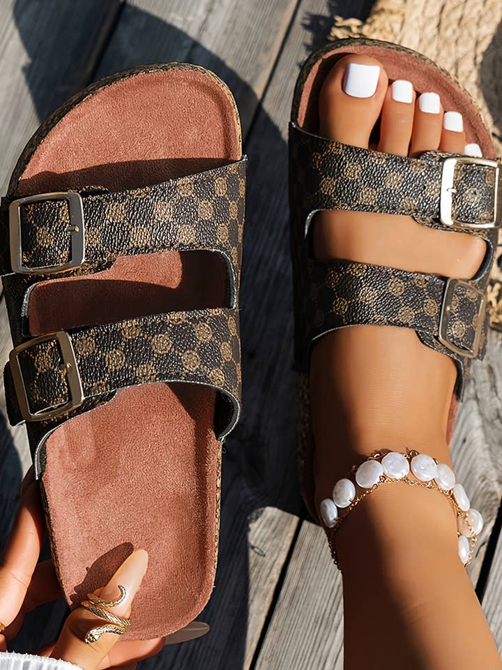 Geometric Cut Out Buckle PU Leather Flat Slippers*US 6-US 10 for wholesale by fashionworks