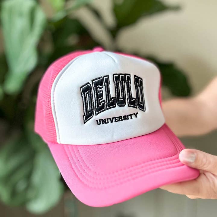 Delulu University Embroidered Graphic Trucker Hat for wholesale by Sunrise Collective