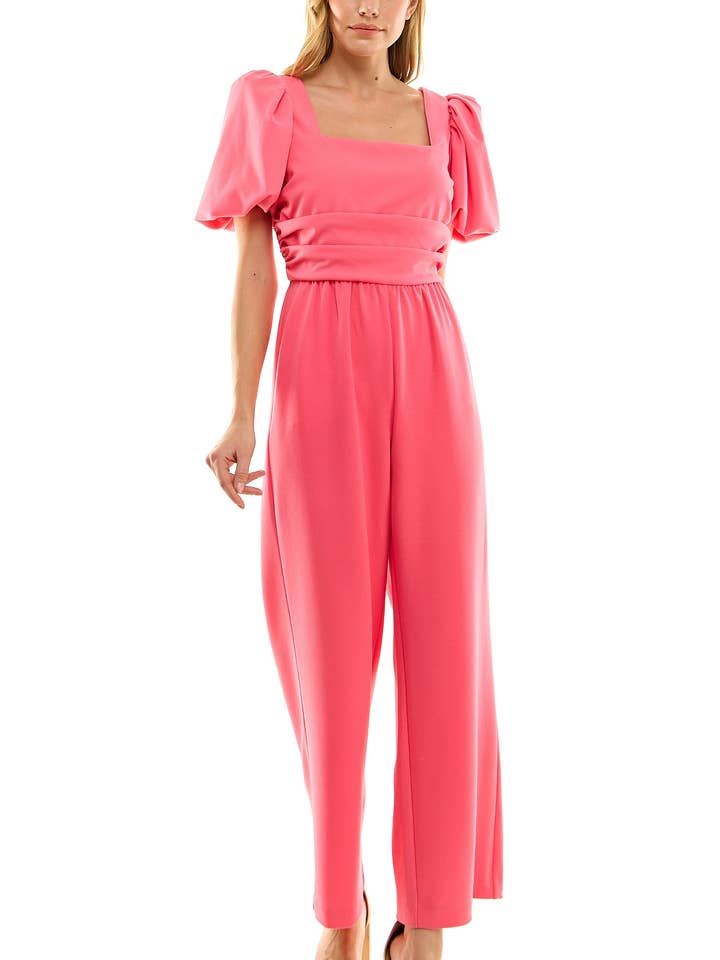 Nicole Miller Square Neck Puff Short Sleeve Ruched Zipper Back Solid Scuba Crepe Jumpsuit for wholesale by Immediate Apparel