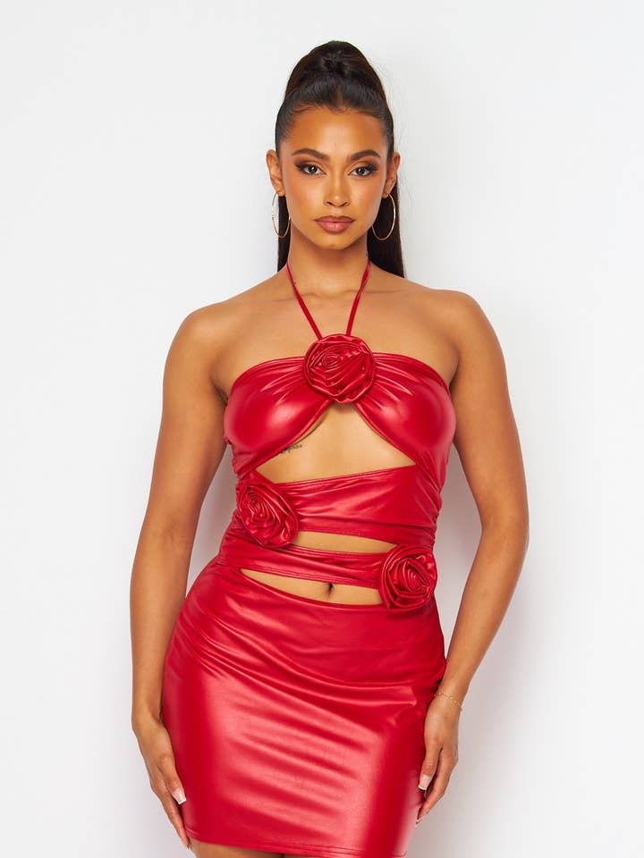 Eva Cut Out Flower Applique Metallic Halter Dress (HGD9547) for wholesale by Hot & Delicious