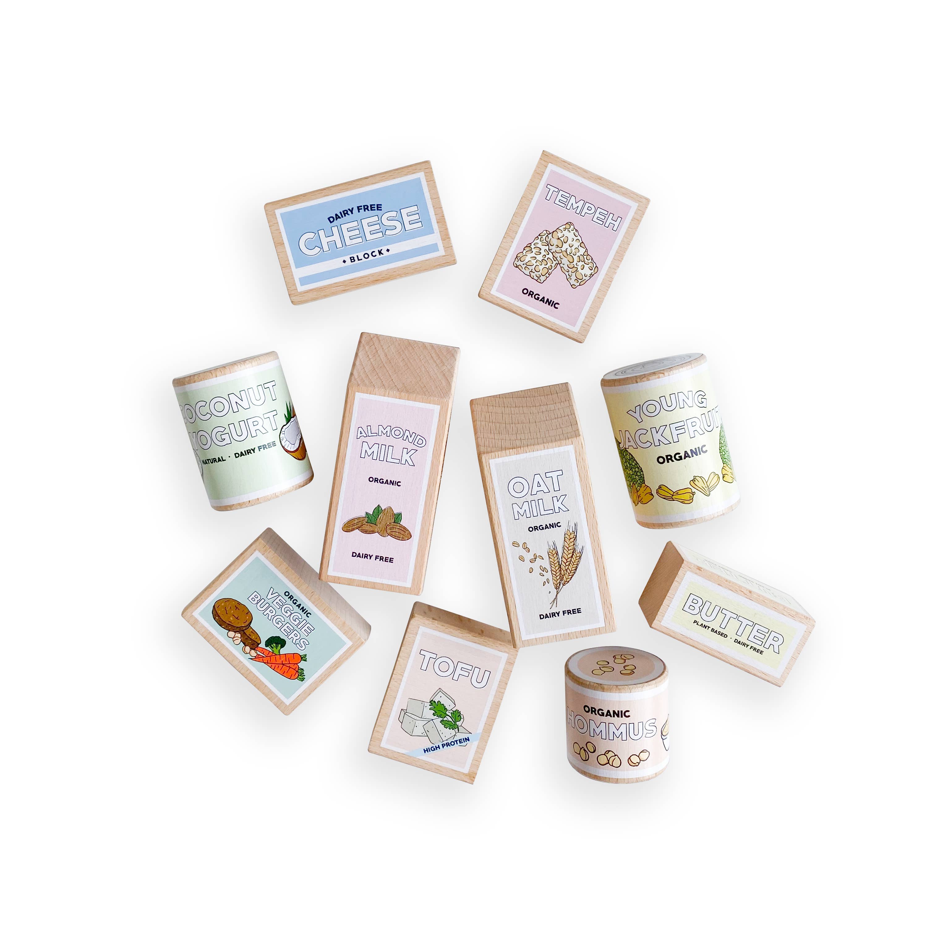 Clever Coconuts - Wholesale Toy Set - Kids - 10 Piece Vegan Wooden Play Food Set (Almond + Oat Milk)