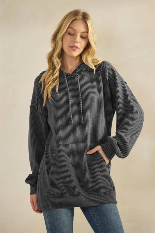 HEIMISH – Großhandel Hoodie – Damen – ET7964-10 LANGÄRMLIGES GEBÜRSTETES URBANES RIPPEN-KAPUZENOBERTEIL1