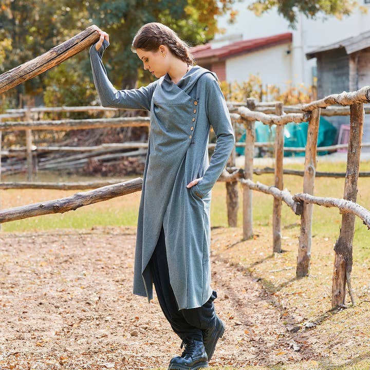 Los Banditos - Vente Cardigan – femme - Cardigan bohème gris à capuche avec détail de boutons et trou pour le pouce4