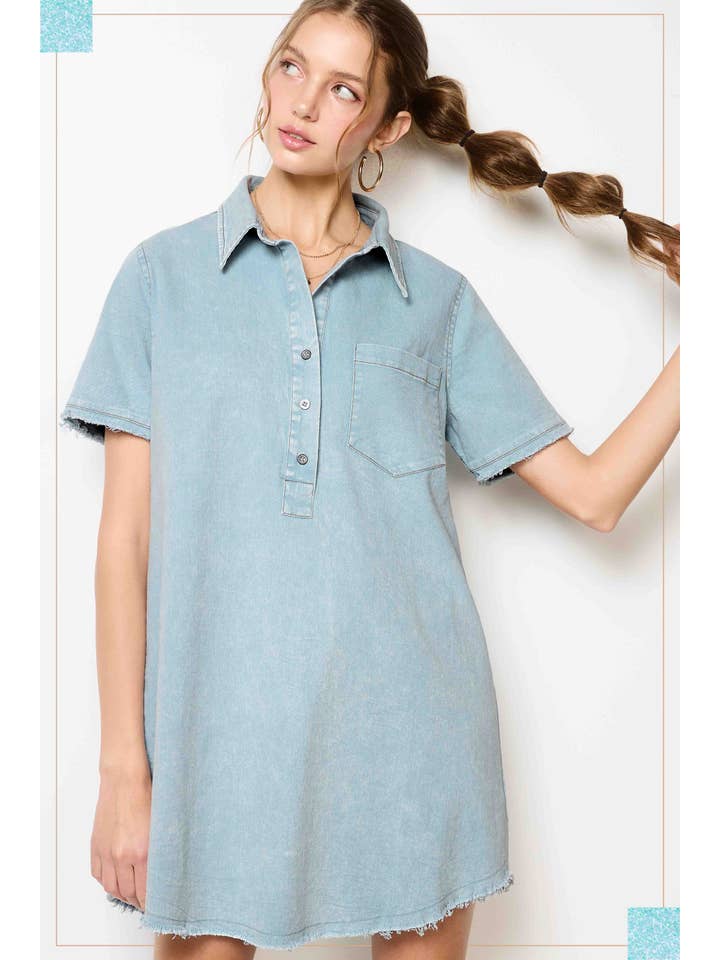 Sky MCD9319-Mineral Washed Raw Edge Light Denim Tunic Dress for wholesale on Faire