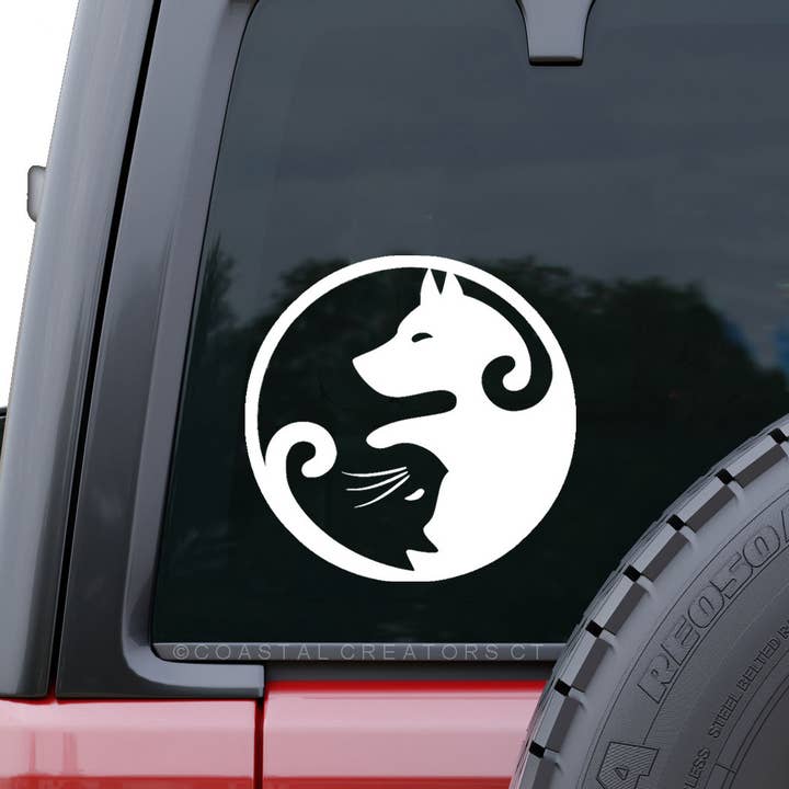 Yin Yang Dog & Cat White Vinyl Window Decal (Packaged) for wholesale by Coastal Creators of Connecticut
