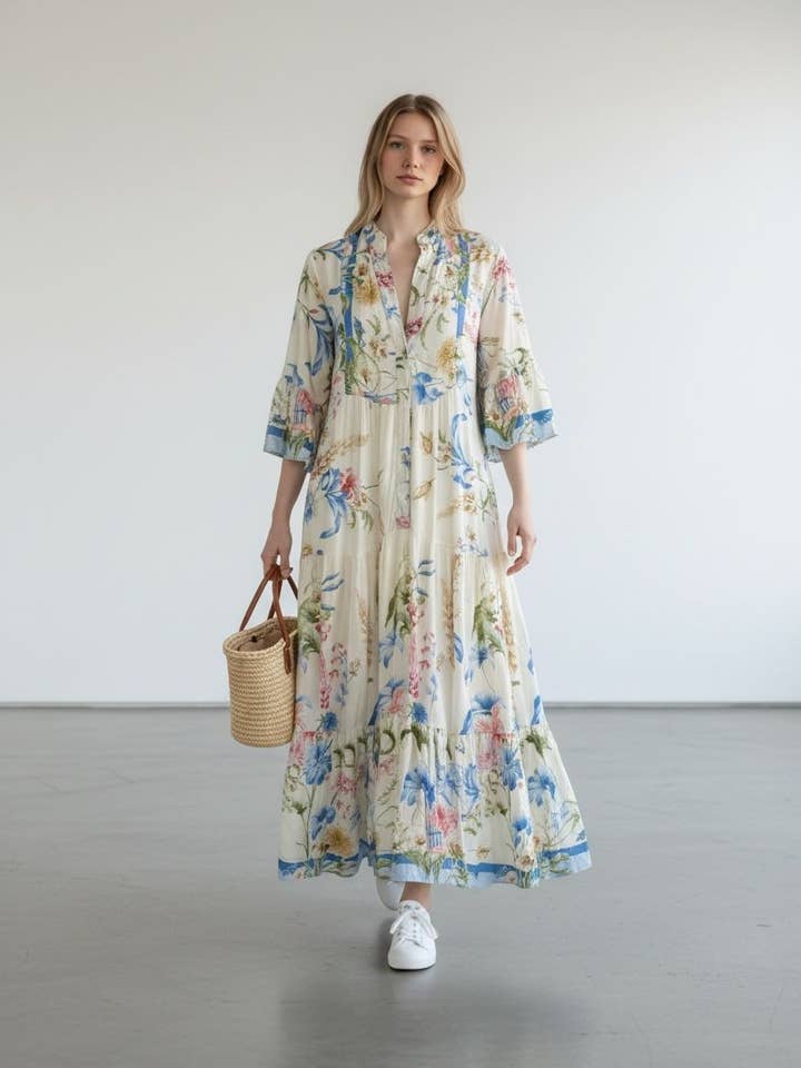 Langes Kleid mit Viskose-Print 10681V-2404 für den Großhandel von NOELINE