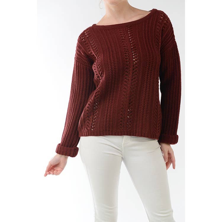 Mak - Wholesale Knit Sweater - Women's - Leaf Crochet Detailed Rolled Up Sleeve Sweater HB20525