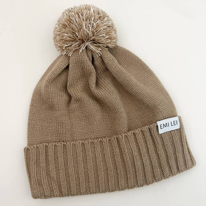 Adult Pom Beanie - Khaki for wholesale by Emi Lei