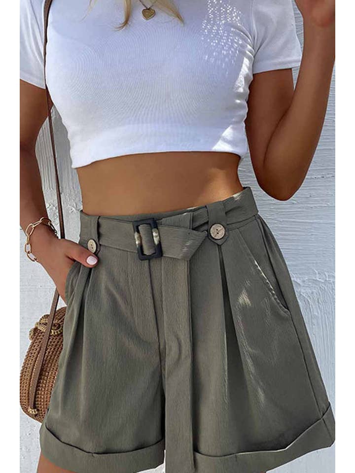 ARMYGREEN CWBSP0117_HIGH WAIST BELTED POCKET SHORT PANTS for wholesale on Faire