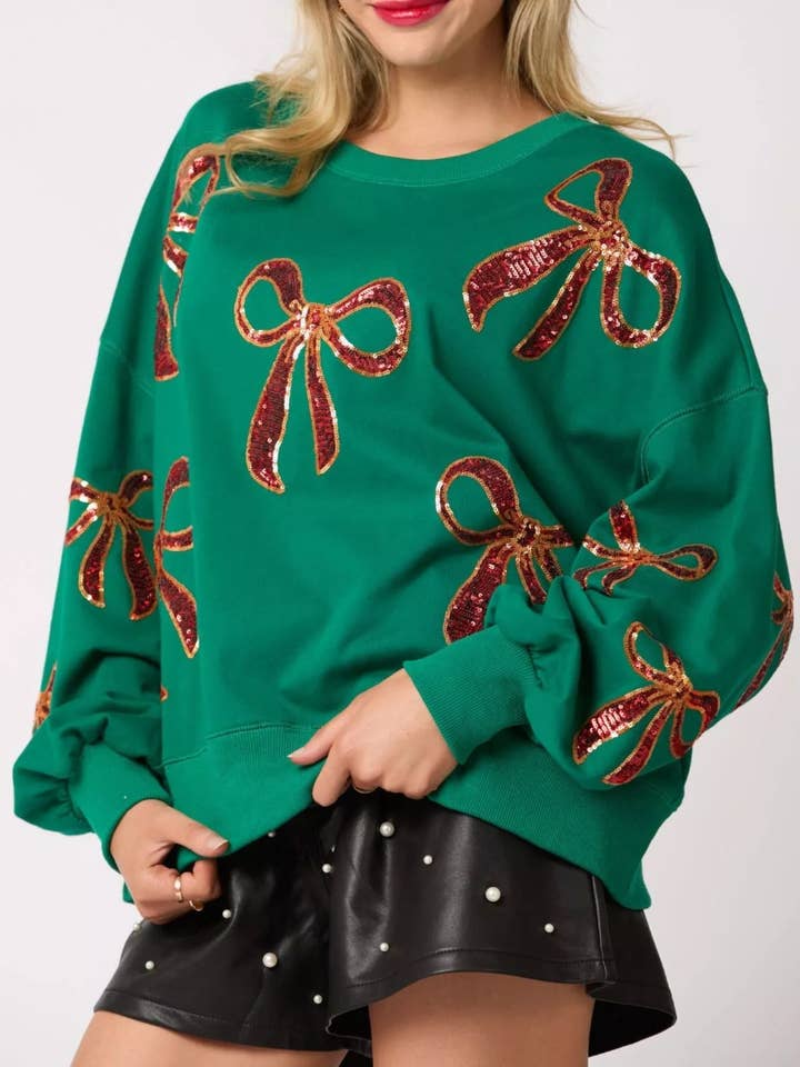 Christmas Sequin Bow Round Neck Sweatshirt for wholesale by React Activewear