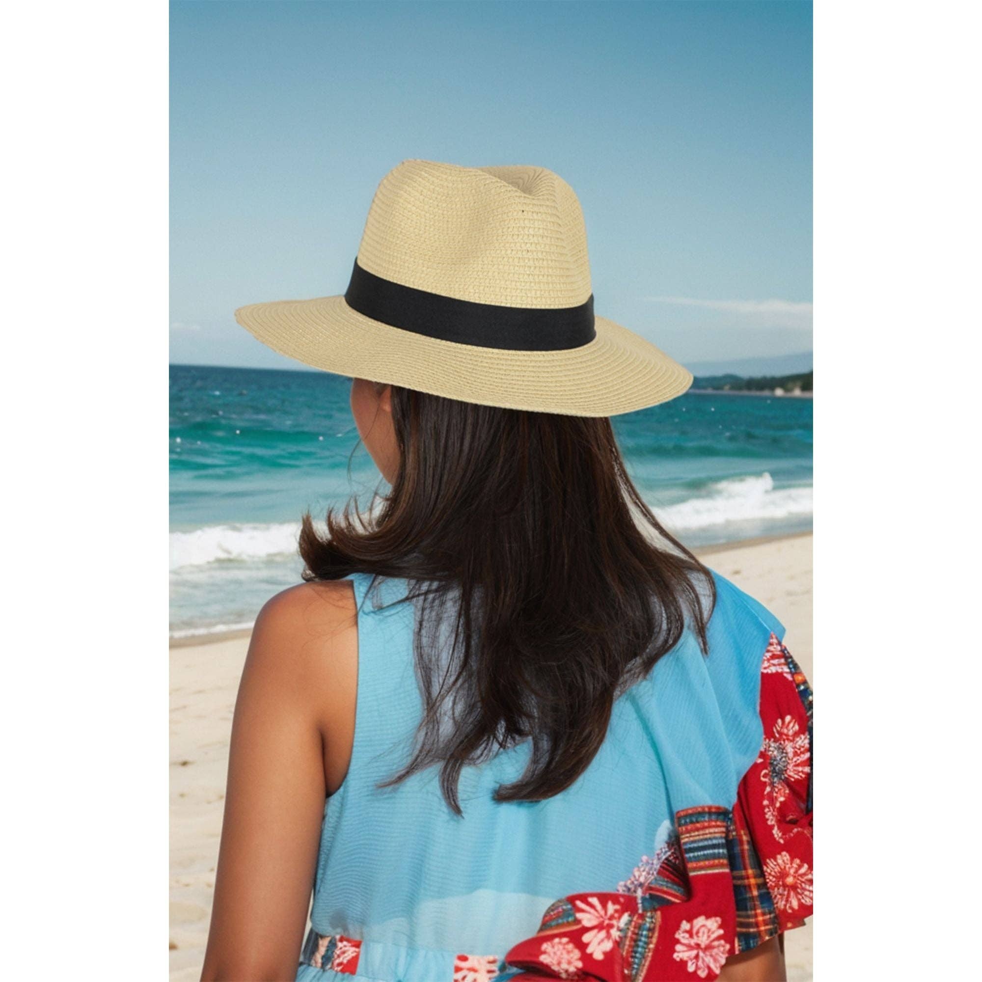 AK Brand - Wholesale Straw Hat - Women's - Wide Brim Straw Fedora Sun Hat Black Band Panama UV Hat2