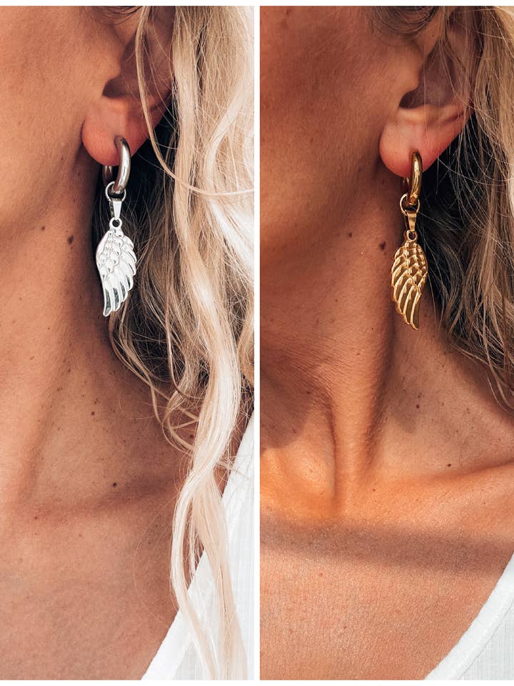 Angel wing chunky hoop earrings in gold and silver for wholesale by Goupi