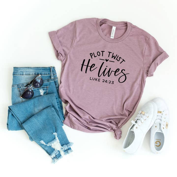 Plot Twist He Lives Heart | Short Sleeve Graphic Tee for wholesale by Uplifting Threads Co Wholesale