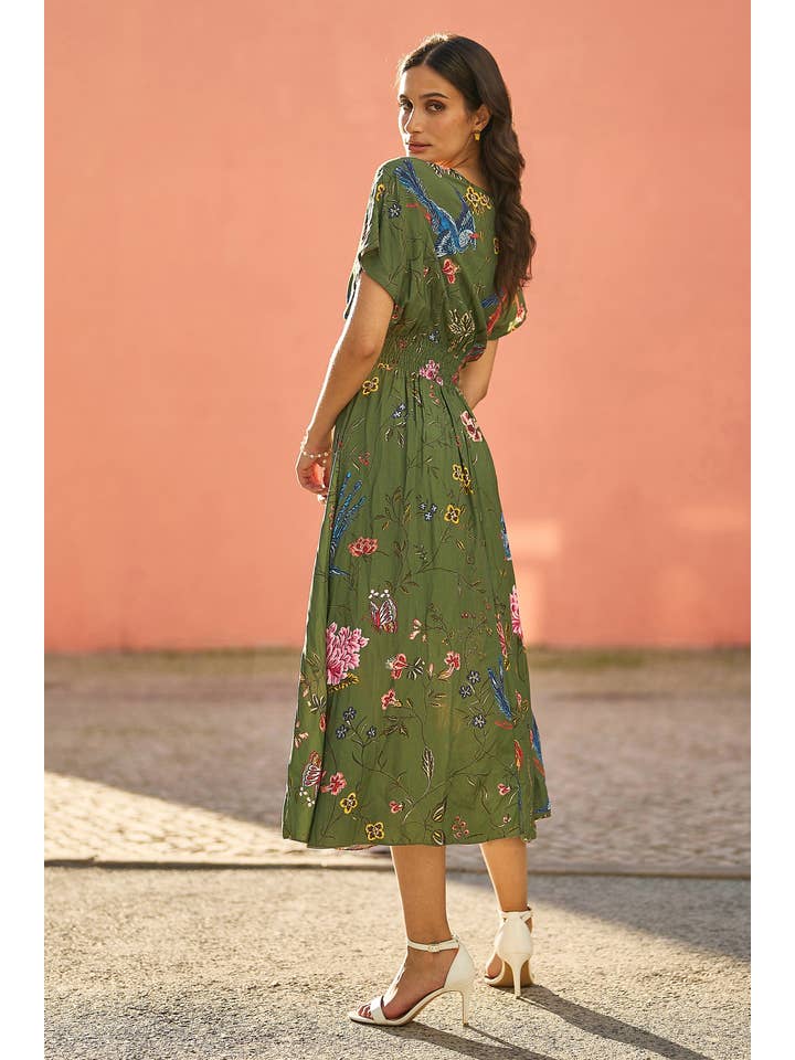 Yumi Green Bird and Floral Print Ruched Waist Kimono Midi Dress for wholesale on Faire