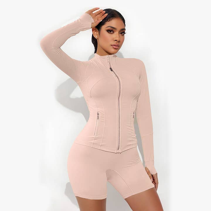 Ensemble veste de sport et short avec fermeture éclair, col montant, pour le fitness, course à pied, amincissant, couleur chair. pour la vente par WONDERXFANS