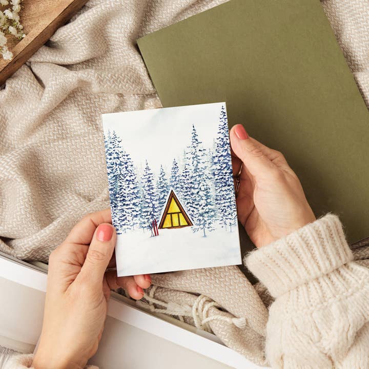 Watercolor Wednesday – wholesale Season’s Greetings card – Snowy Cabin Greeting Card | Winter Holiday Design2