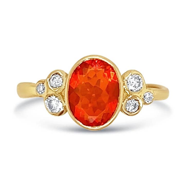 Fire Opal ring with Diamond clusters in 14k gold for wholesale by Emily Amey Jewelry