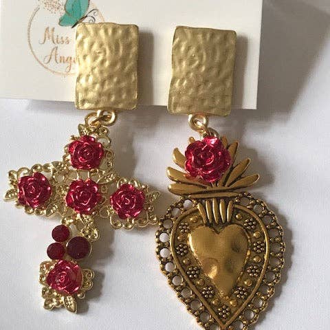 Miss DJ Angel - Wholesale Dangle earrings - Ex-voto earrings, sacred heart earrings, cross and sacred heart charm, ex-voto pendant, religious ceremony gift1