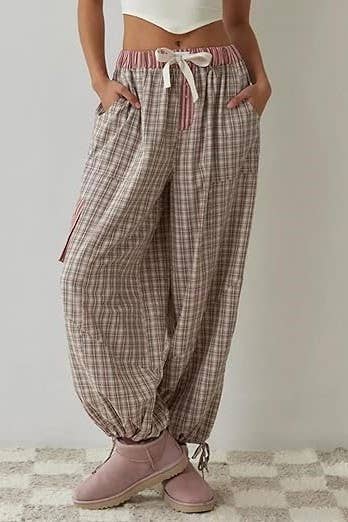 Rosa Clothing - Wholesale Sleepwear Set - Women's - Pink plaid patchwork loose pajama set3