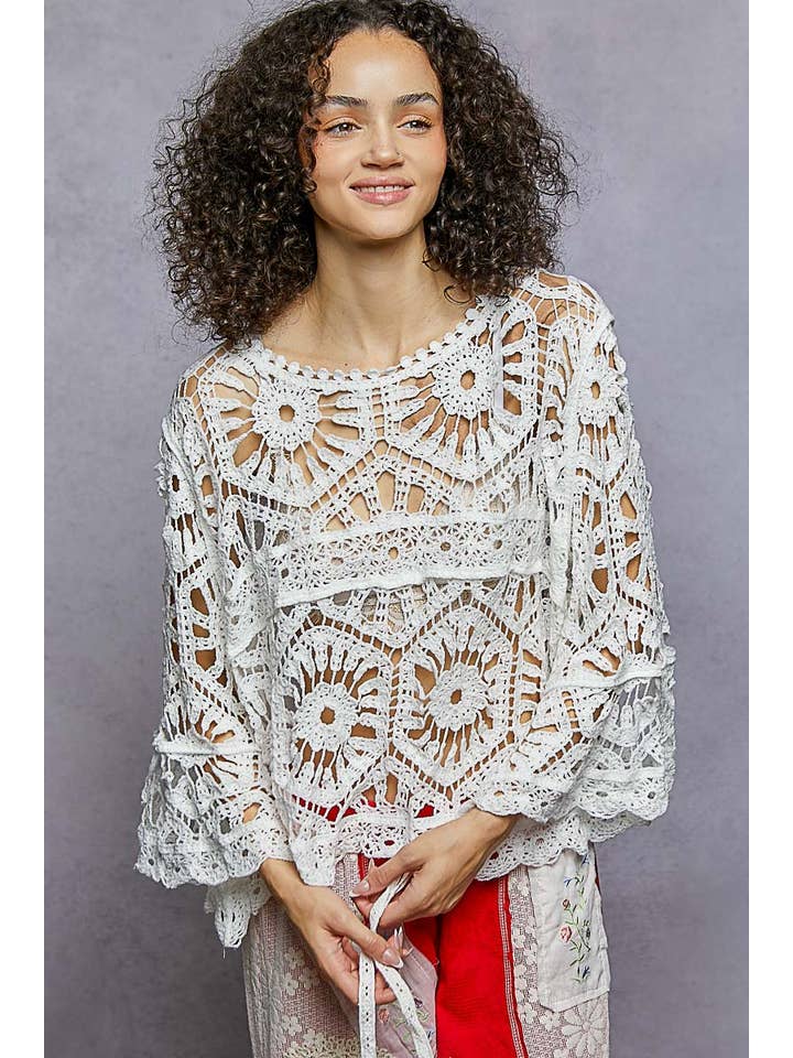 Pol Clothing - Wholesale Knit Top - Women's - Round Neck 3/4 Sleeve Crochet Cropped Top1