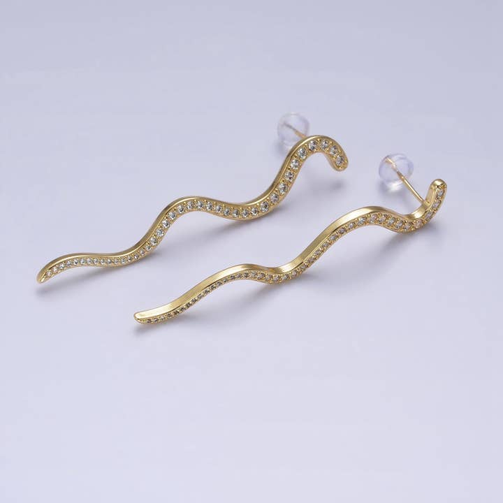 Aim Eternal - Wholesale Dangle Earrings - 24K Gold Filled Slither Snake CZ Geometric Drop Stud Earring