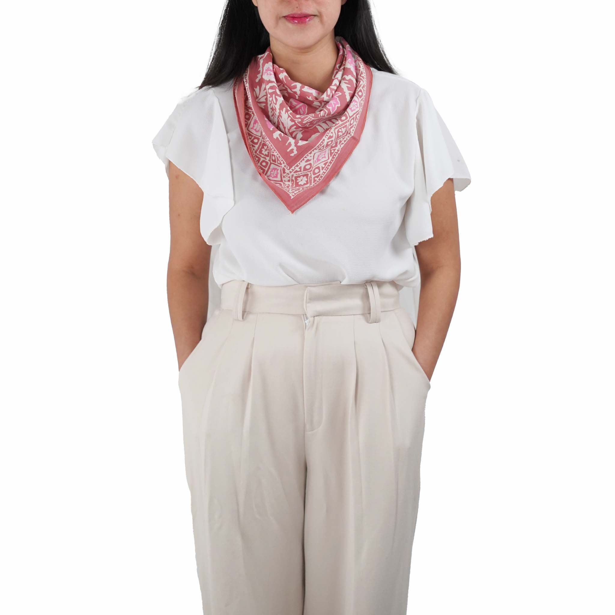 Kasih Co-op – wholesale Bandana – Women's – Hand Dyed Batik Bandana, Peach Pink Coral Leaves6