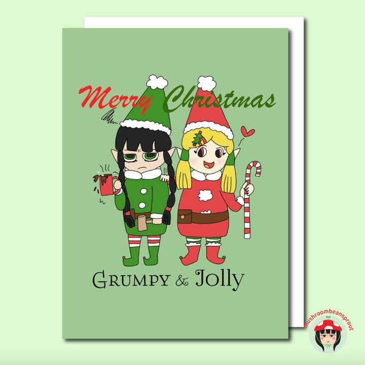 Grumpy and Jolly Elves Greeting Card for wholesale by Mushroombeansprout