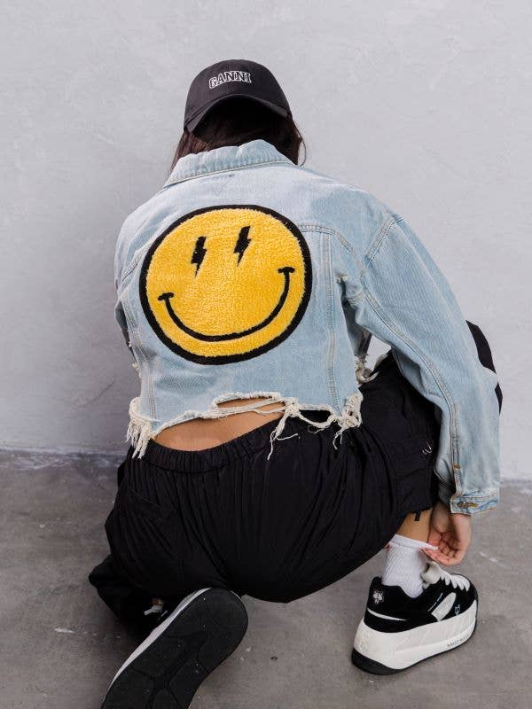 Trio Urban - Vente Veste en jean – femme - Veste courte en jean jaune Smiley Face11