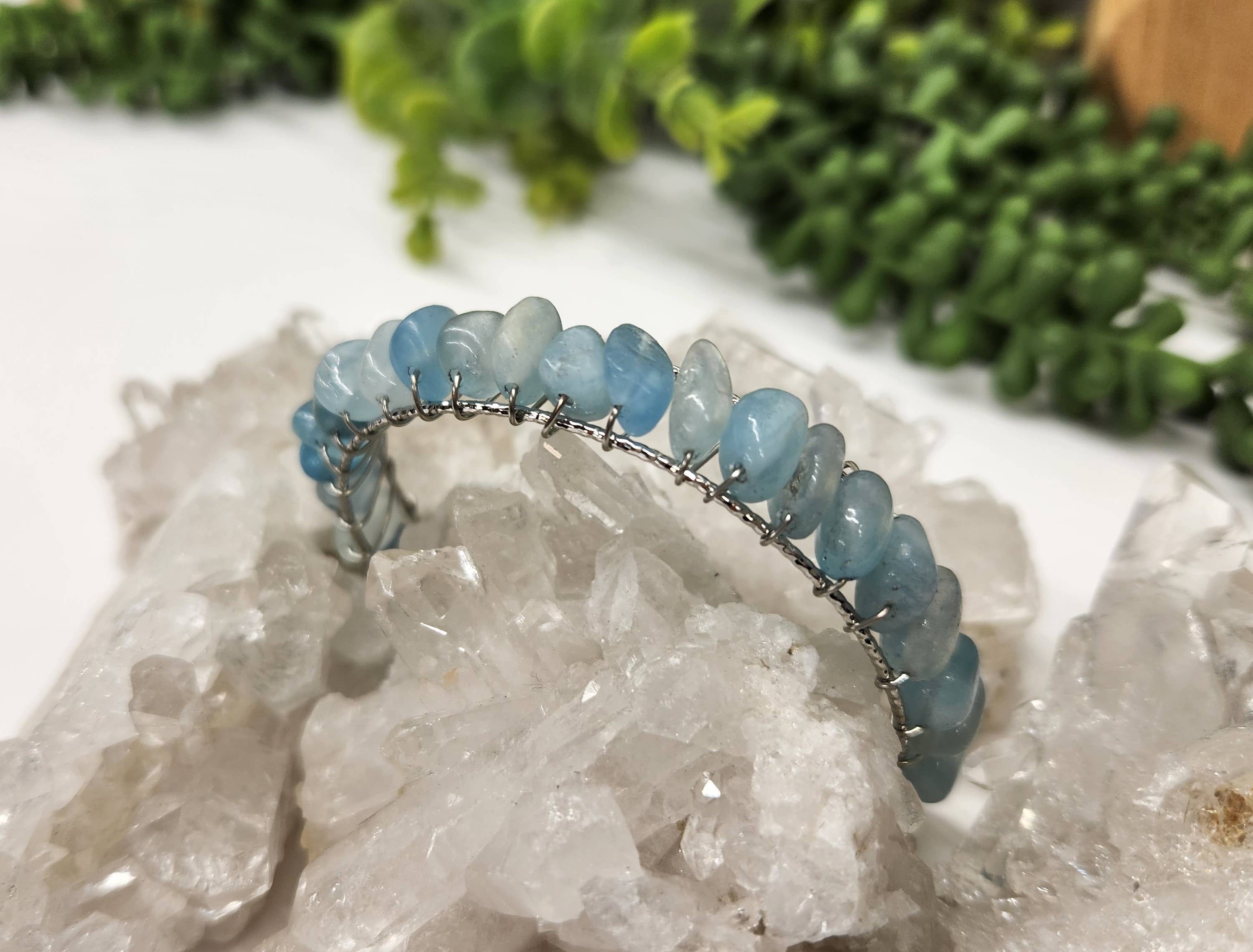 Meraki Gemstones - Wholesale Cuff Bracelet - Aquamarine Bangle/Cuff Wire Wrapped  -18kt. Gold Overlay4