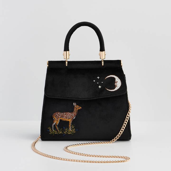 Fable England - Venta al por mayor Bolsa de asa- Mujer - Bolso de terciopelo negro bordado con ciervo y luna - Reino Unido, EE. UU. y UE0