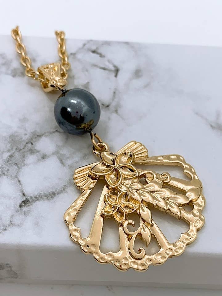 Hawaiian Sunrise Shell with Plumeria flower : Hamilton Gold Necklace with Shell Pearls for wholesale by Anela's Jewelry