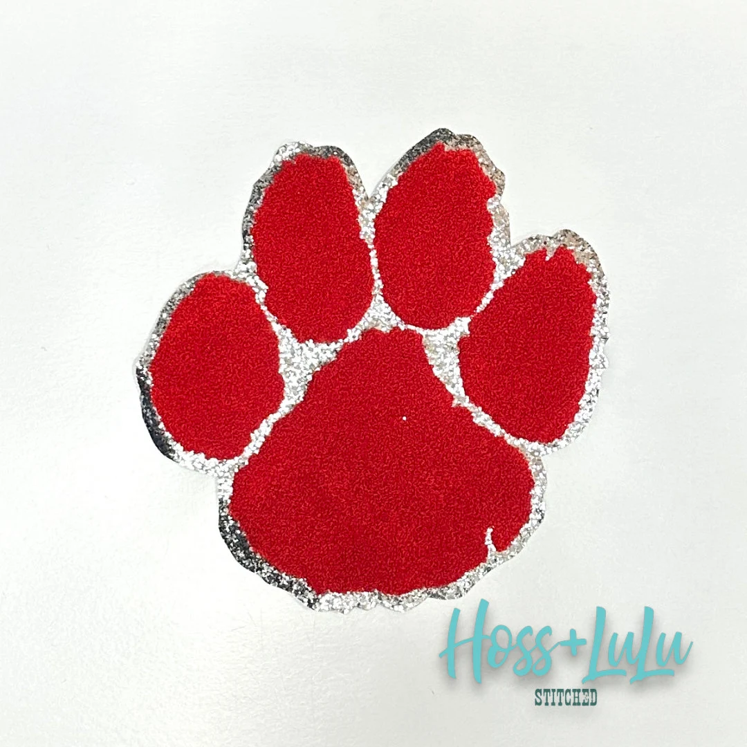 Stitched Originals - Wholesale Patch - Chenille Large RED Paw patch, Silver Glitter1