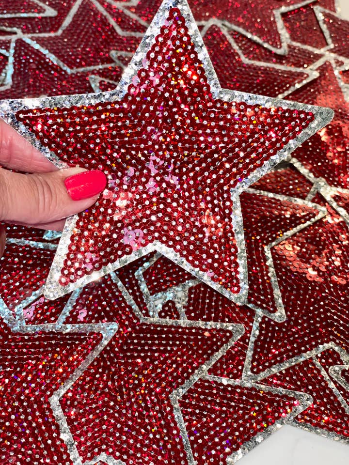Star Patch, Sequin Star Patch, Crimson and Silver 5" Sequin Star Patch, Iron on Patch, DIY, Trucker Hat Patch, Preppy Patch Trendy Patch Patch, Sequin Star for wholesale by sequinandstiches