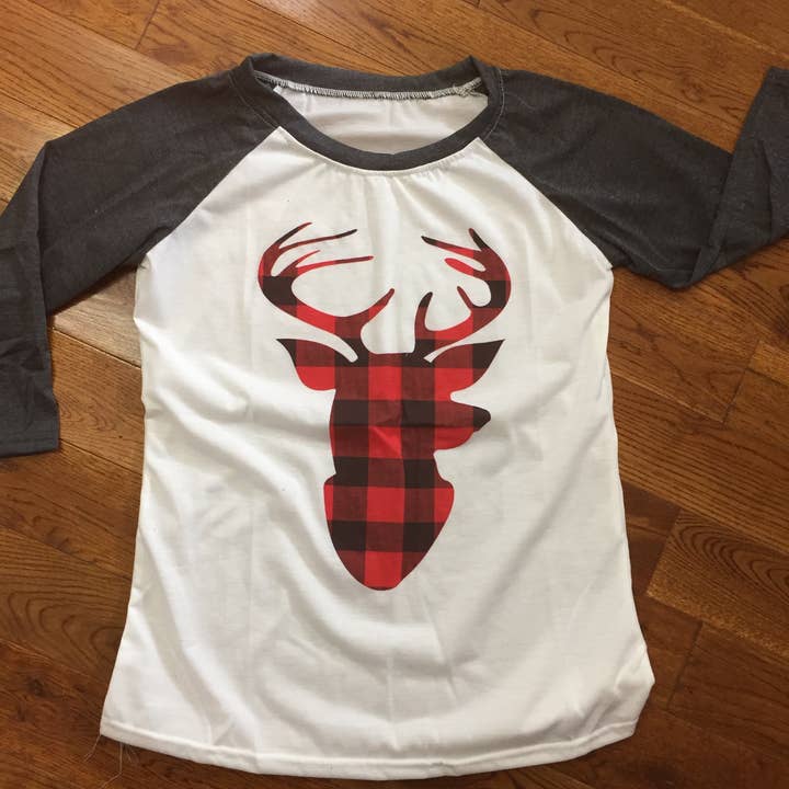 Buffalo Plaid Deer Raglan for wholesale by PLT Wholesale