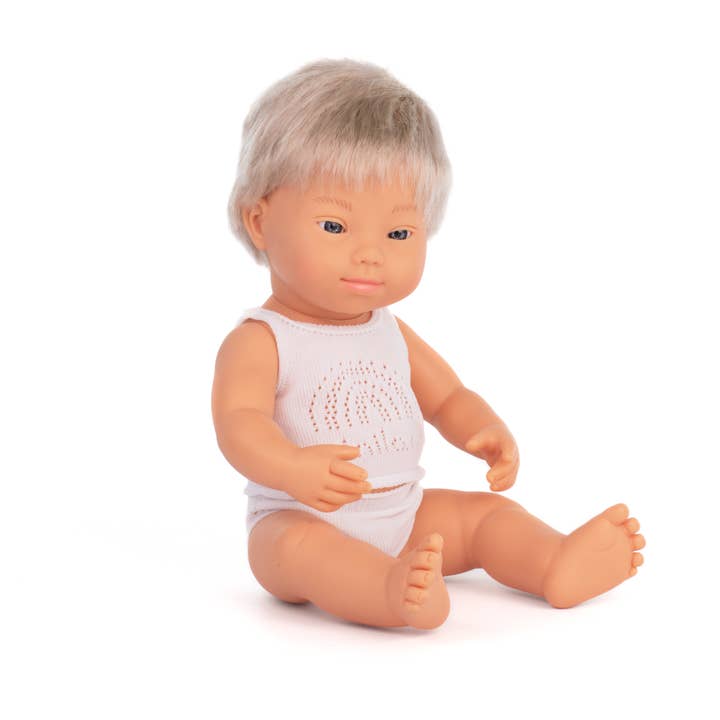 Baby Doll Caucasian Blond Boy with DS 15" inch (box) for wholesale by Miniland Educational