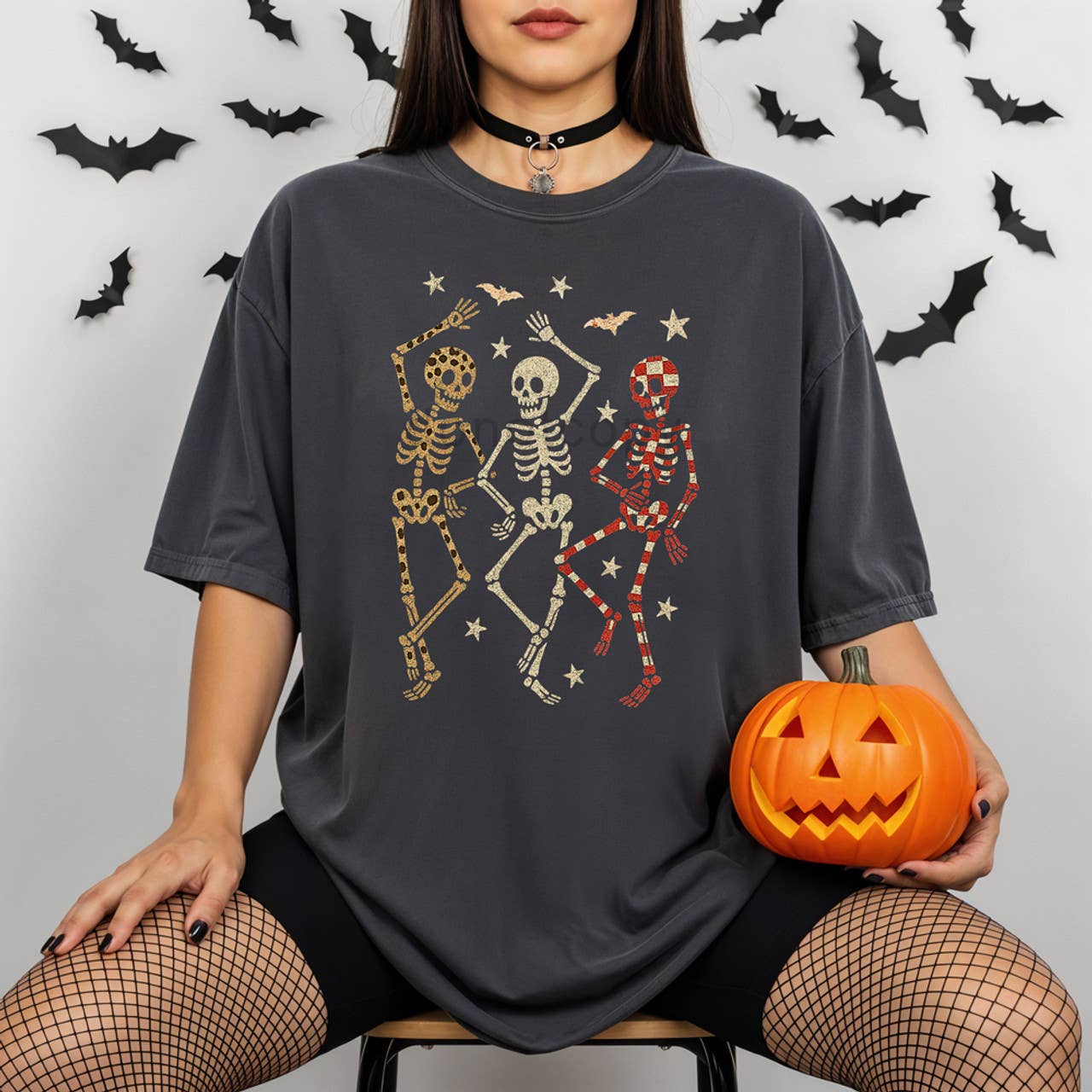 Trendy Tee Co. - Wholesale Screen Printed T-Shirt - Women's - Dancing Patterned Skeletons Tee0
