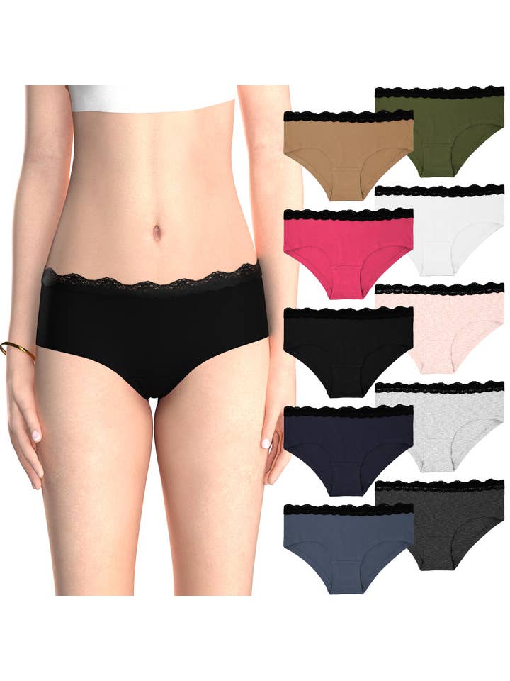Core Solids 10 Pack Women's Lace Trim Cotton Hipster Panties for wholesale on Faire